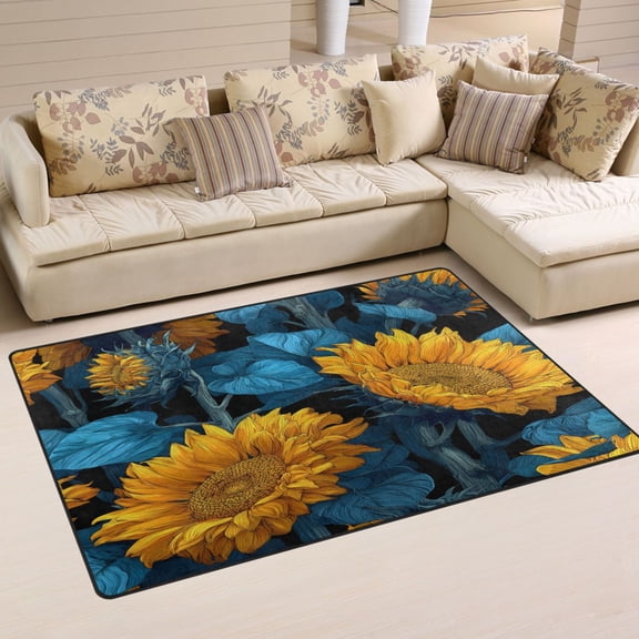 31x20in Area Rug Machine Washable Floor Mats Skid-Resistant Backing Carpet for Home Kitchen Bedroom Blue Leaves and Sunflowers