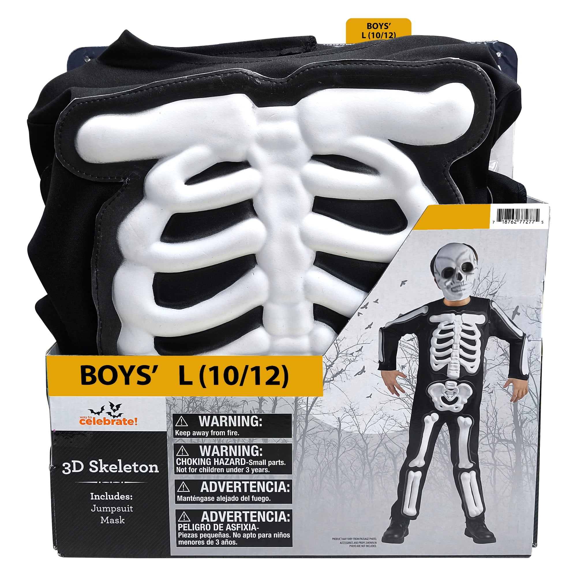 3D Skeleton Halloween Costume for Children, Boy's Size L (10/12), by Way to Celebrate