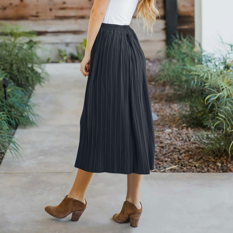 Women's Knitted A-Line Pleated Skirt - Button Front, Elastic Waist Long Dress | Winter Casual Ankle-Length Skirt