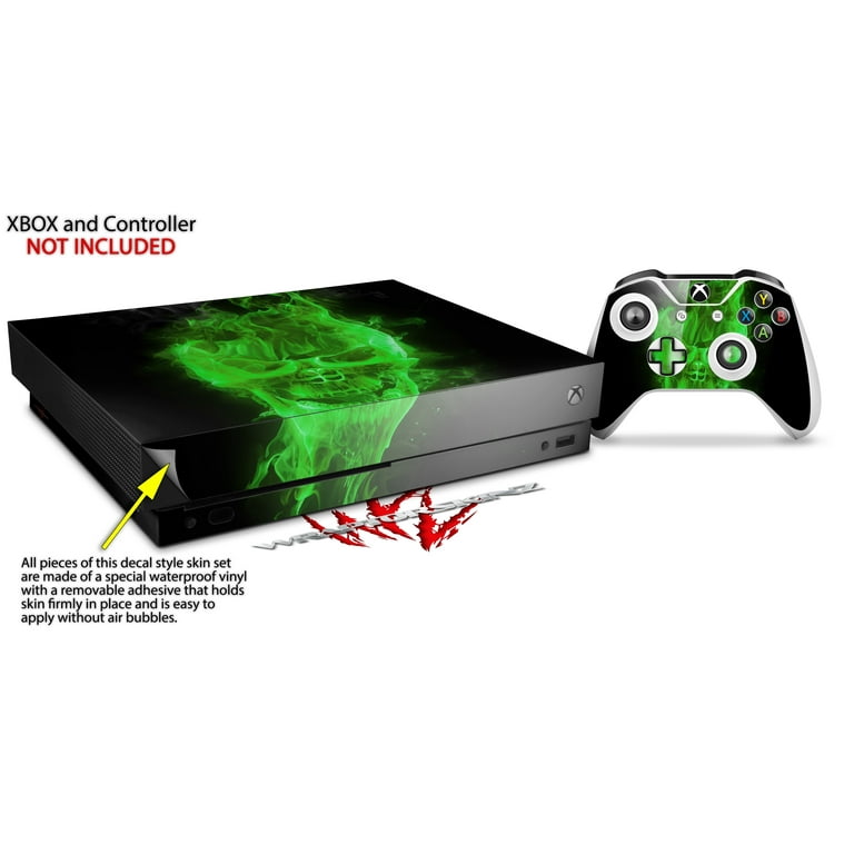 Skin Wrap for XBOX One X Console and Controller Flaming Fire Skull Green