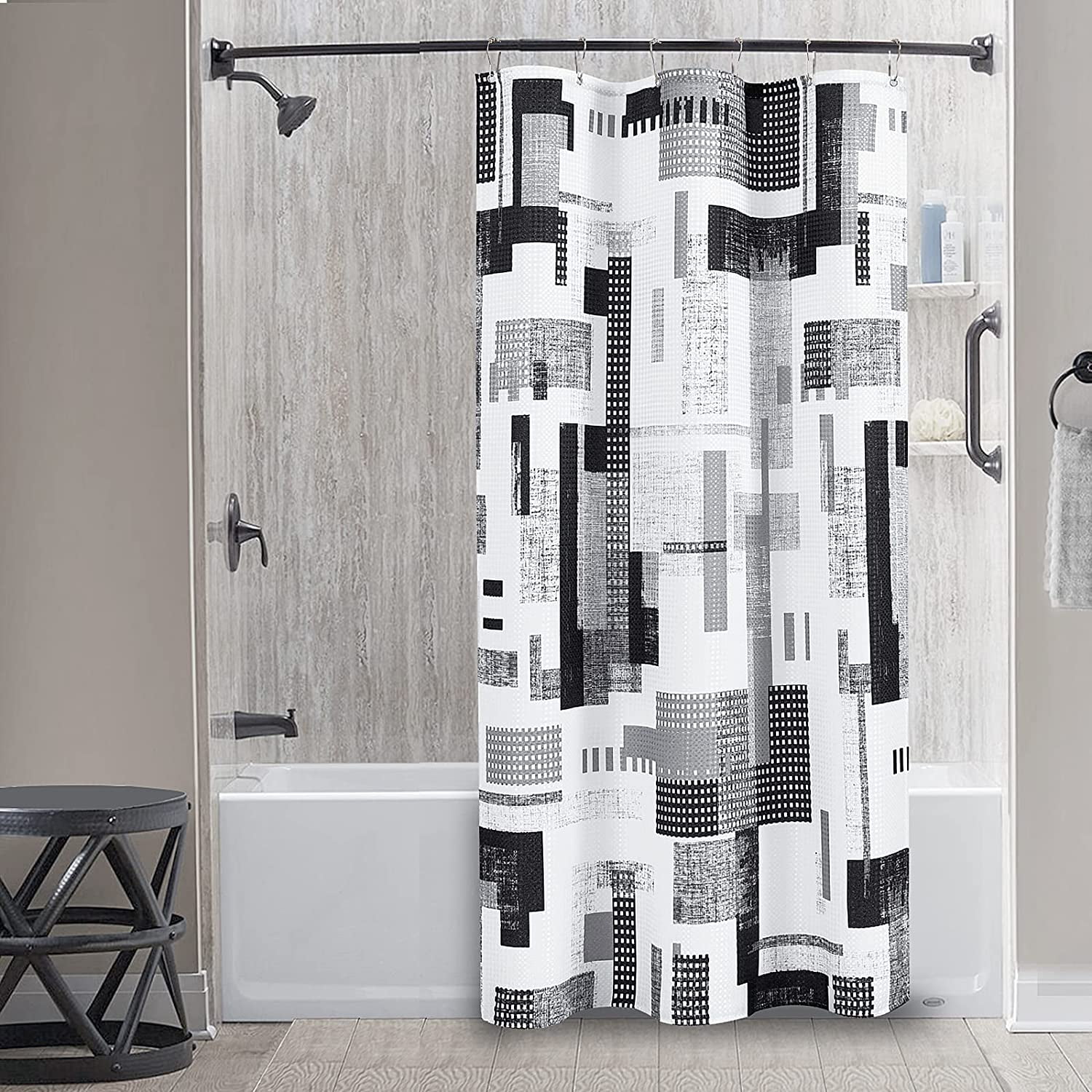 Small Stall Shower Curtain 36 Inch Black Shower Curtain Set with 6