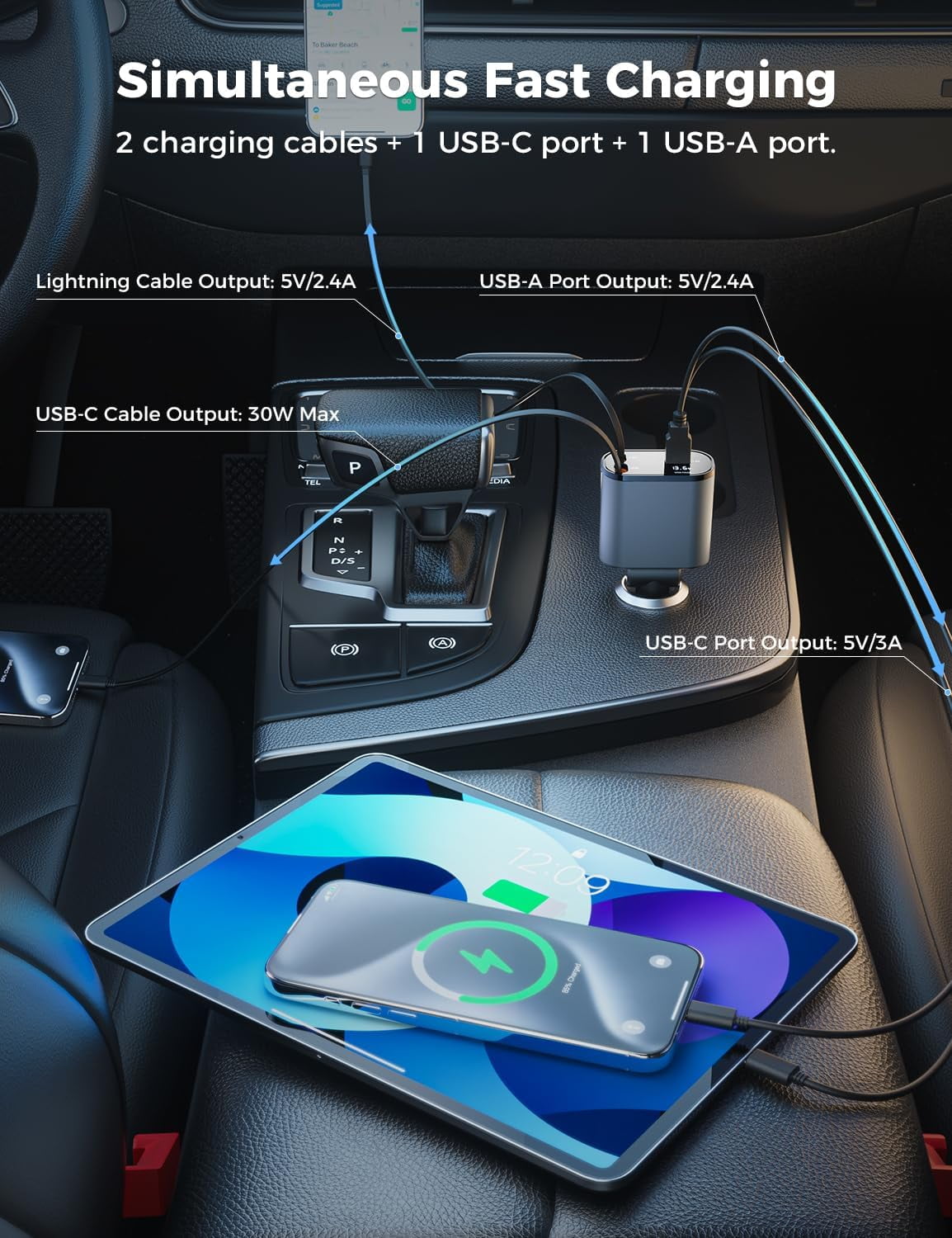 CJBZLCPCOO SUPERONE Retractable Car Charger 4 in 1, Fast Car Phone Charger with Cord 2.6ft, USB C and Apple Car Charger Adapter, Compatible with iPhone 15/15 Pro Max/14/13/12/11, Galaxy, Pixel