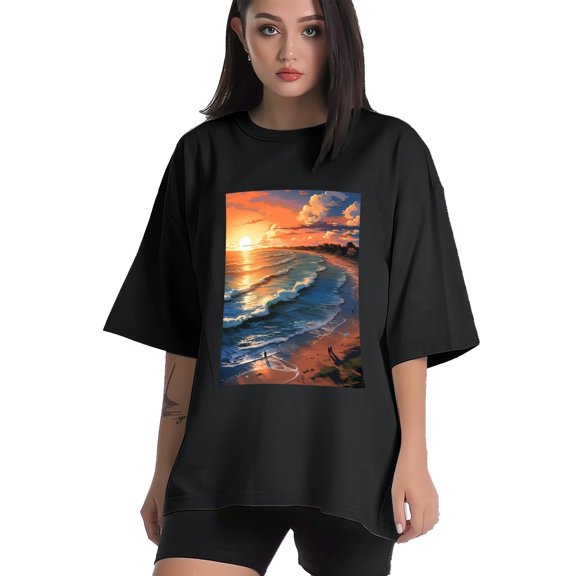 Plus Size Shirt for Women Black Tops for Women Short Sleeves Shirt for Women Seaside (39) T Shirt Crewneck Shirt for Women XS