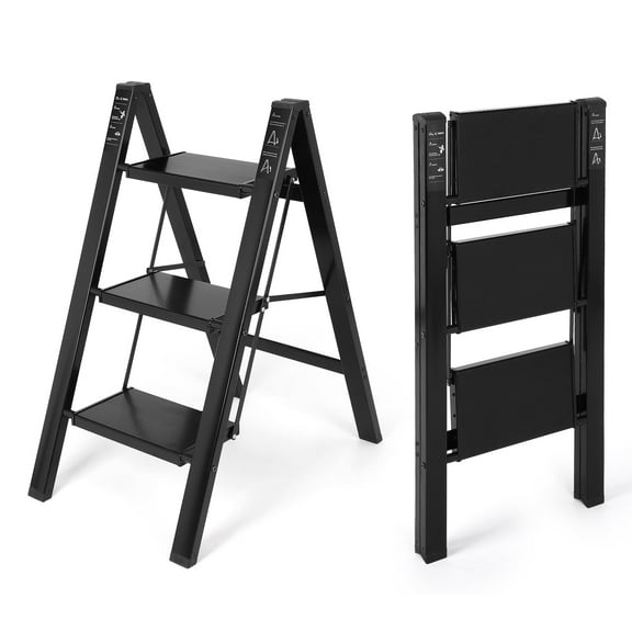 Aluminum 3 Step Ladder, Folding Step Stool with Non-Slip and Sturdy Wide Tread, Portable Step Stool for Household and Kitchen, Foldable Step Stool, Black, 330Lbs Ladders for Home