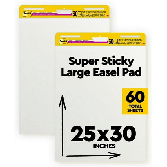 Super Sticky Easel Pad 25 in x 30 in White 30 Sheets/Pad 2 Pad/Pack Large White Premium Self Stick Flip Chart Paper Super Sticking Power (559)
