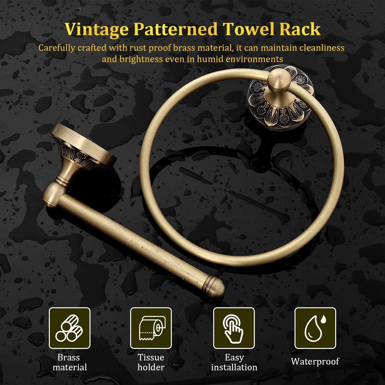 Ikoopy 2 Pieces Set Antique Brass Toilet Paper Holder Retro Brass Hand Towel Ring Tissue Roll Paper Hanger Bathroom Hardware Wall Mounted Vintage Bathroom Accessories