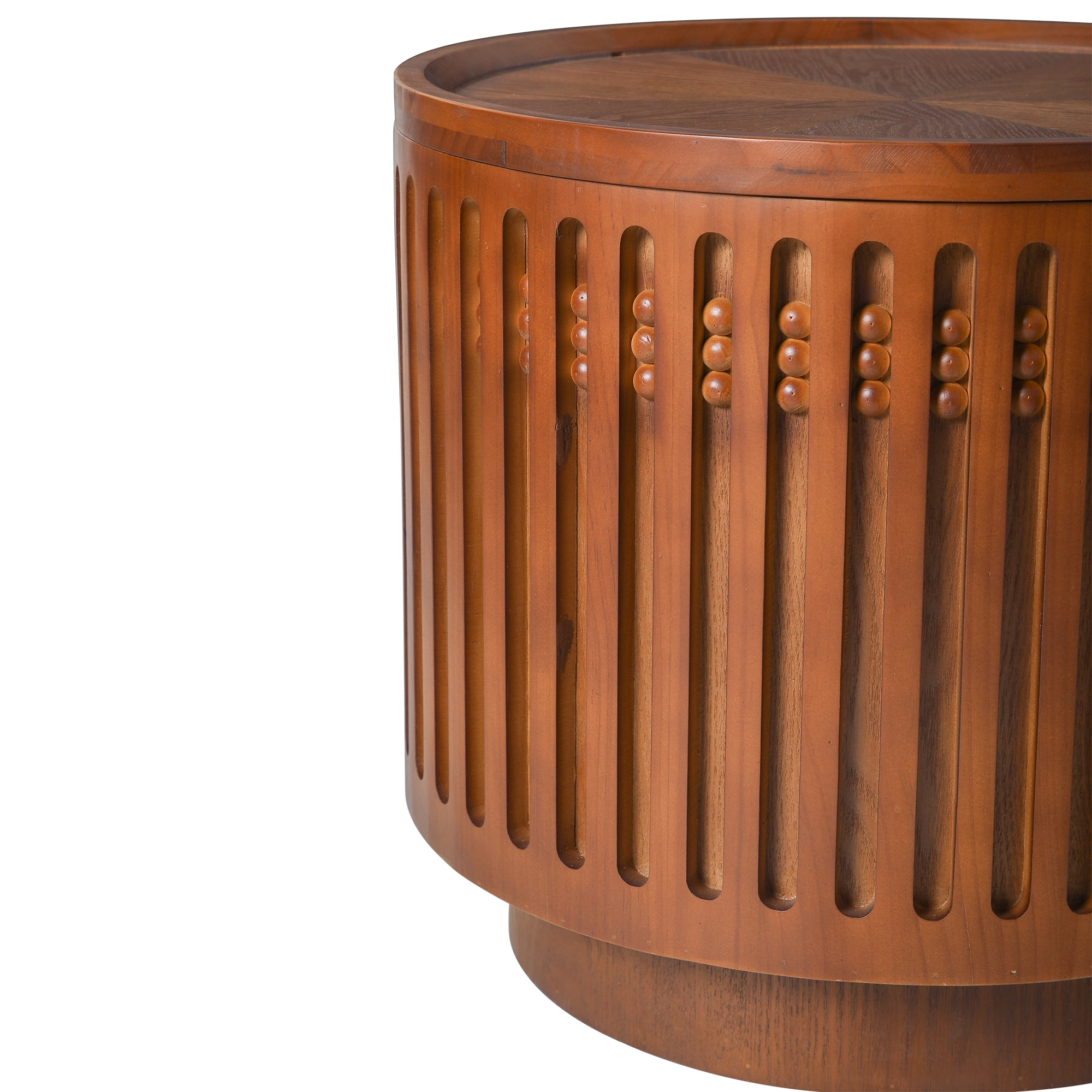 18.9" Round Walnut MDF Side Table Cylinder Lattice End Table Boho Accent Coffee Table with Flip Hidden Storage for Living Room Bedroom
