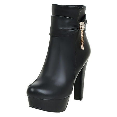 

Christmas Clearance! SuoKom Boots for Women Women s Mid-Calf Booties Pointed Toe High Heel Thick Sole Side Zipper Pure Black PU Leather Boots Shoes Boots for Women Girls Gifts on Clearance