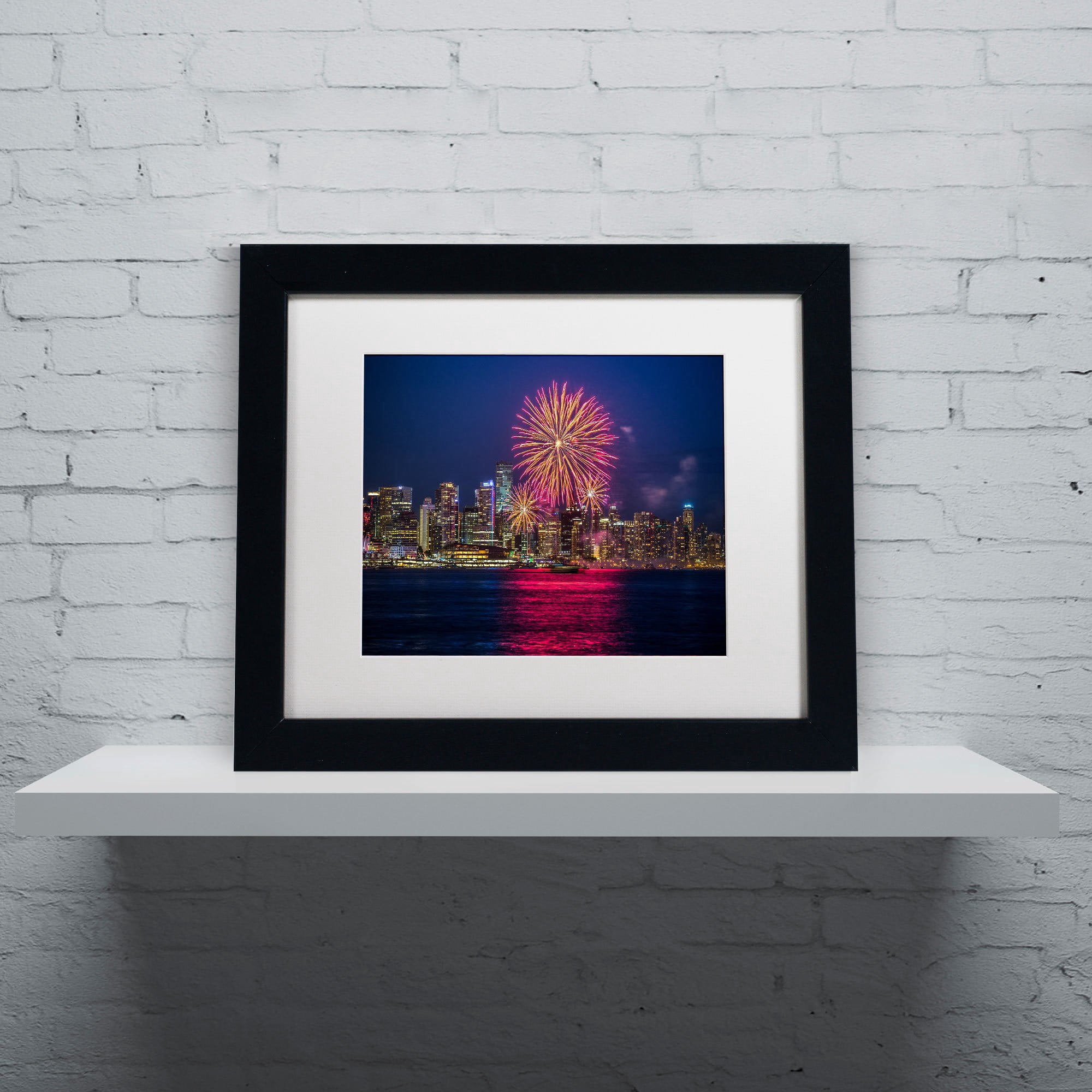 Trademark Fine Art "Vancouver Fireworks" Canvas Art by Pierre Leclerc, White Matte/Wood Frame