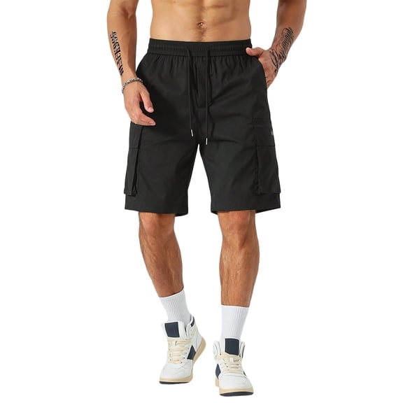 Nestiefly Mens Casual Sweat Cargo Cotton Shorts Drawstring Elastic Waist Athletic Workout Gym Jogger Shorts with Pockets Black 2XL