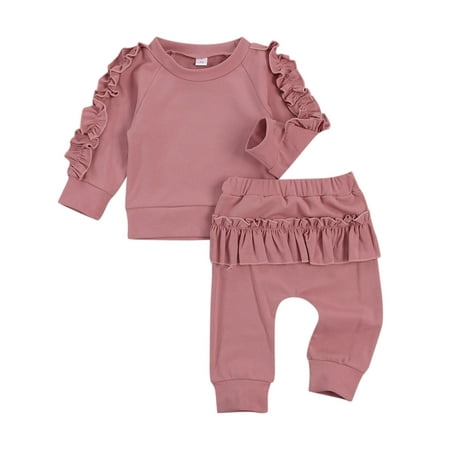 

TAIAOJING Baby Girl Clothes Infant Kids Newborn Long Ruffled Sleeve Solid Tops Blouse Patchwork Pant Trousers 2PCS Set Fall Outfits 12-18 Months