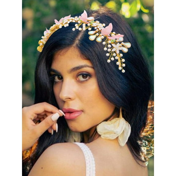 Butterfly Bride Wedding Headband Flower Bridal Hair Accessories Gold Crystal Hair Hoop for Women and Girls
