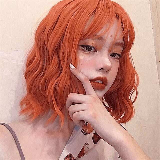 Peluca de flequillo de aire naranja, peluca de cabello corto y rizado para mujer, peluca de fibra química para maquillaje, tocado