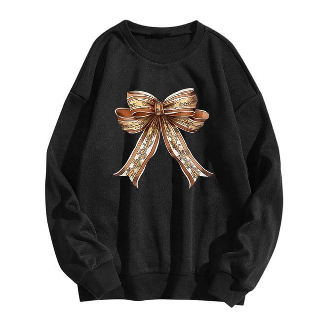 Rbaofujie Chandails Légers pour Femmes Mode Féminine T-Shirt à Manches Longues Col Rond Imprimé Blouse Ample Chandails en Molleton Sans Capuche Graphiques Noirs pour Femmes