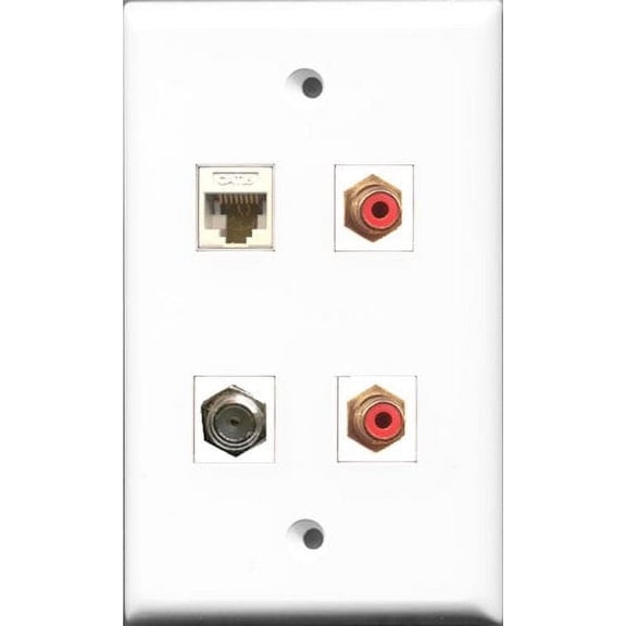 RiteAV - 2 Port RCA Red and 1 Port Coax Cable TV- F-Type and 1 Port Cat6 Ethernet White Wall Plate
