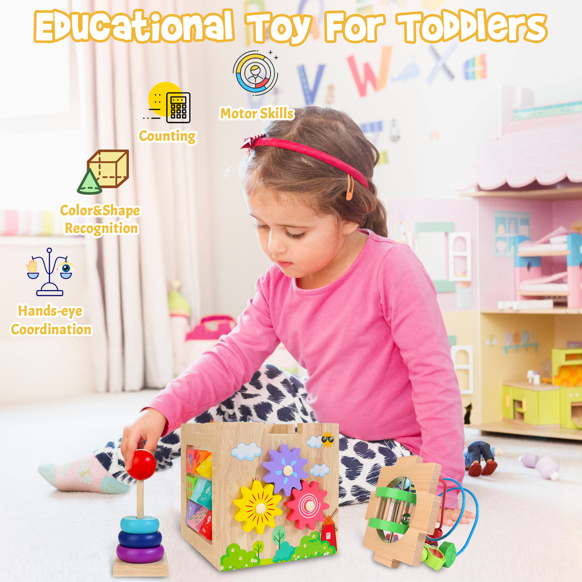 WOODMAM Juguetes Montessori Educativos, 8 en 1 Cubo de Habilidades Motoras  de Madera para Bebés Juguetes para Apilar y Encajar con Ábaco Xilófono