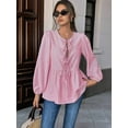 thumbnail image 2 of Womens Lace Up Tie Font Y2k Tops Puff Sleeve V Neck Blouse Loose Fit Summer Cute Clothes Peach M, 2 of 6