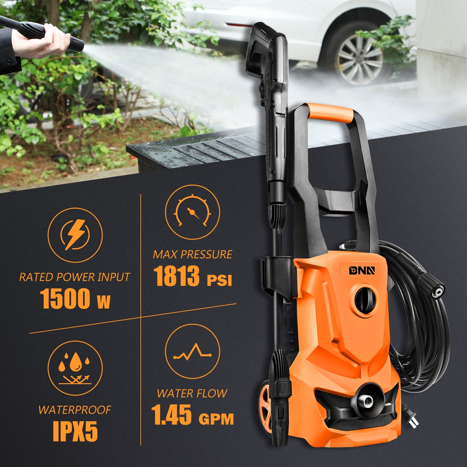 DNA Motoring TOOLS-00226 Portable High-Pressure Electric Power Cleaner Car Washer Machine 1813 PSI 1.45 GPM Orange