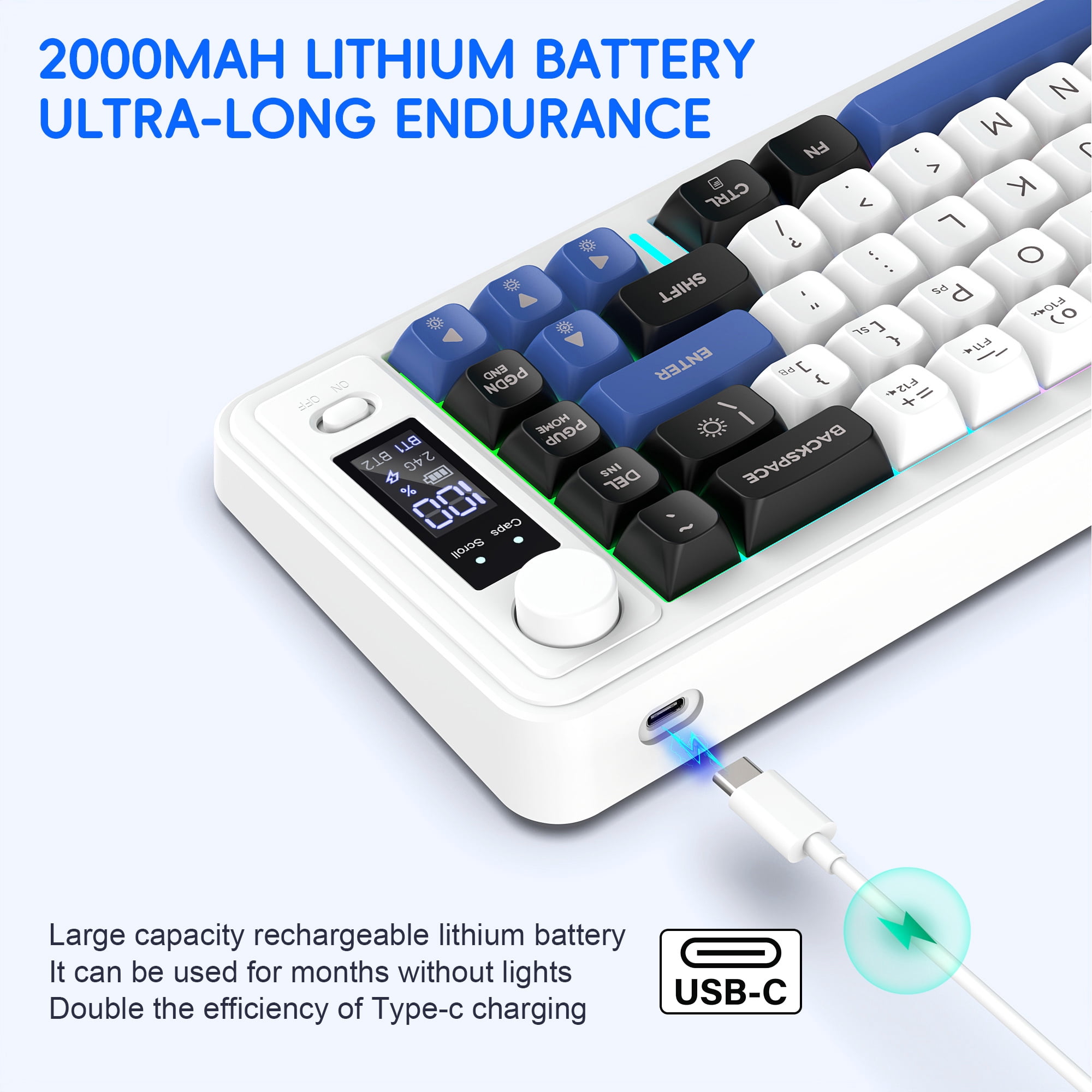 2.4G+Dual Bluetooth Keyboard 68 Keys with Multifunctional Display,Long Battery Life.Wireless Gaming Keyboard for PC/Tablet/Phone