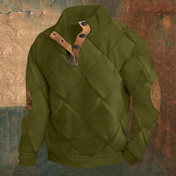 FAOWME Mens Retro Pullover Long Sleeved Stand Collar Color Block Buttons Comfortable Fashion Warm Jacket For Autumn Winter Daily Wear Army Green L