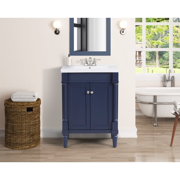 Torino 24" Single Bathroom Vanity with Porcelain Top & Sink. 24" W x 19" D x 34.5" H. Navy Blue. Solid Wood. Pre-Assembleb. 2 Soft-Closing Doors. Replaceable Handles. Adjustable Feet.