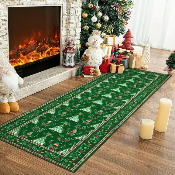 Christmas Area Rug Hallway Runner Rug Stain Resistant Non-Slip Christmas Trees Floor Cover Carpet for Living Room, Entrance Door, Bedroom, Laundry, Dormitory, Holiday Decoration