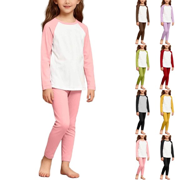 QSXADF Warm Thermal Underwears Set for Kids Solid Color Blocking Sweatshirt Set Long Sleeve Relaxed Thermal Outfit Children Clothing Set