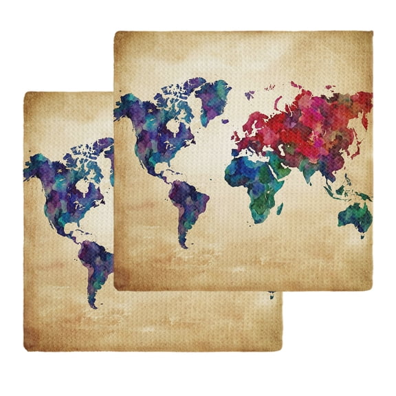 Vintage Map Kitchen Dish Towels for Drying Dishes Set of 2, Travel World Map Watercolor Splashes Waffle Weave Microfiber Hand Tea Bathroom Towels Quick Dry & Absorbent Towel 12x12