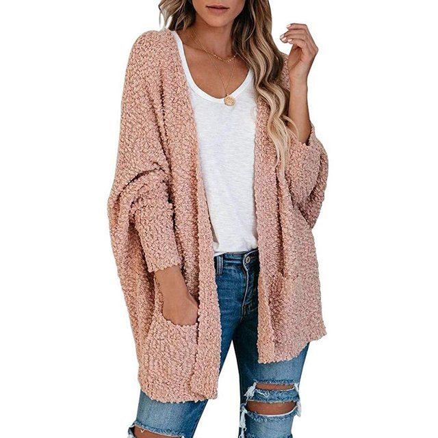 Fuzzy Knit Sweaters Womens Solid Color Oversized Cardigan Pocket Long Sleeve Coats Open Front Sweater