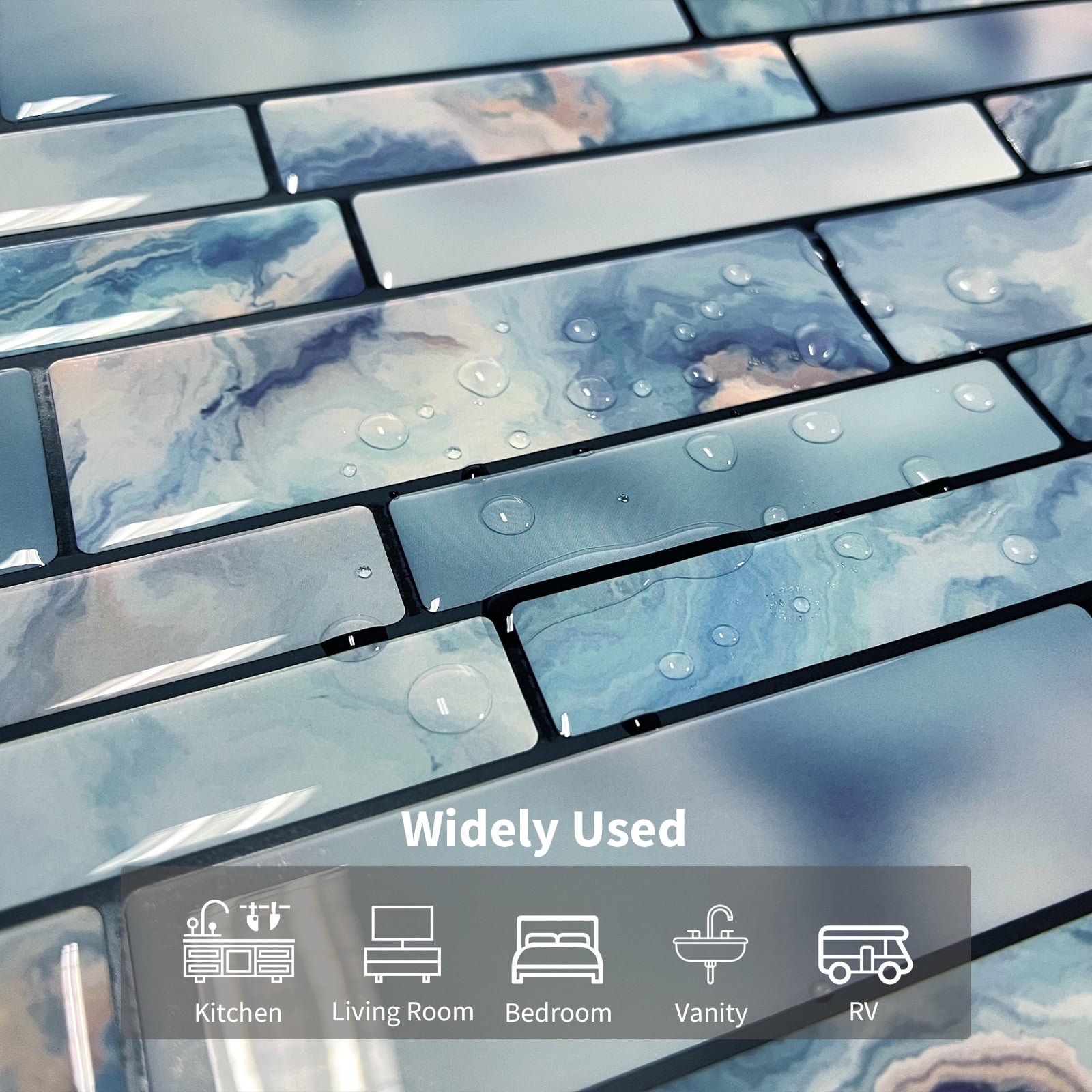 10-Sheet Peel and Stick Backsplash Subway Tile, 12"x12" Blue Marble Stone Design Self Adhesive Wall Tiles for Kitchen Bathroom