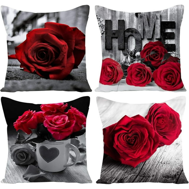 Housses de Coussin à Motif de Roses Noires et Rouges, Ensemble de 4, 20 X 20 Pouces, Imprimé Floral Vintage, Taies d'Oreiller Carrées Décoratives avec Fermeture Éclair Dissimulée pour Sofa, Canapé, Chambre, Salon, Déco, Beauté Intemporelle