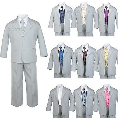 

BABY TODDLER BOY TEEN 7 PC WEDDING PROM PARTY FORMAL TUXEDO SUIT GRAY SIZE:S-14