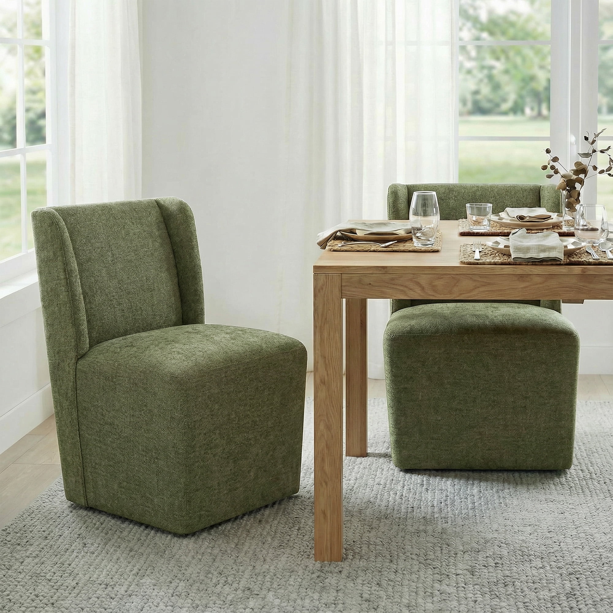 Spruce & Spring Modern Upholstered Dining Chair with Wingback and Hidden Casters, Single, Fabric in Moss Green