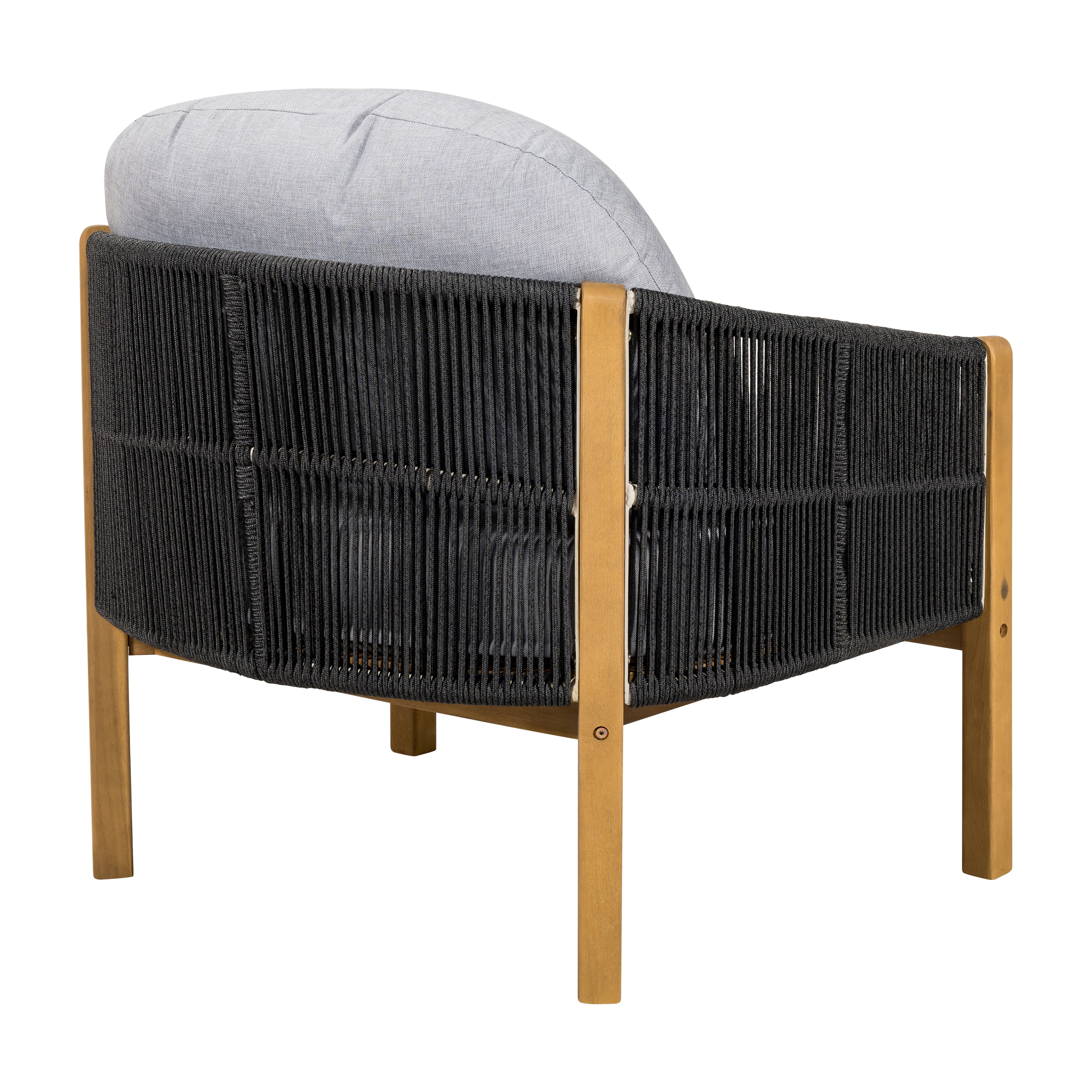 Club Chair with Acacia Wood Frame and Rope Weave, Outdoor Patio Armchair and Garden Lounge Seating with Gray Cushion, Gray and Teak