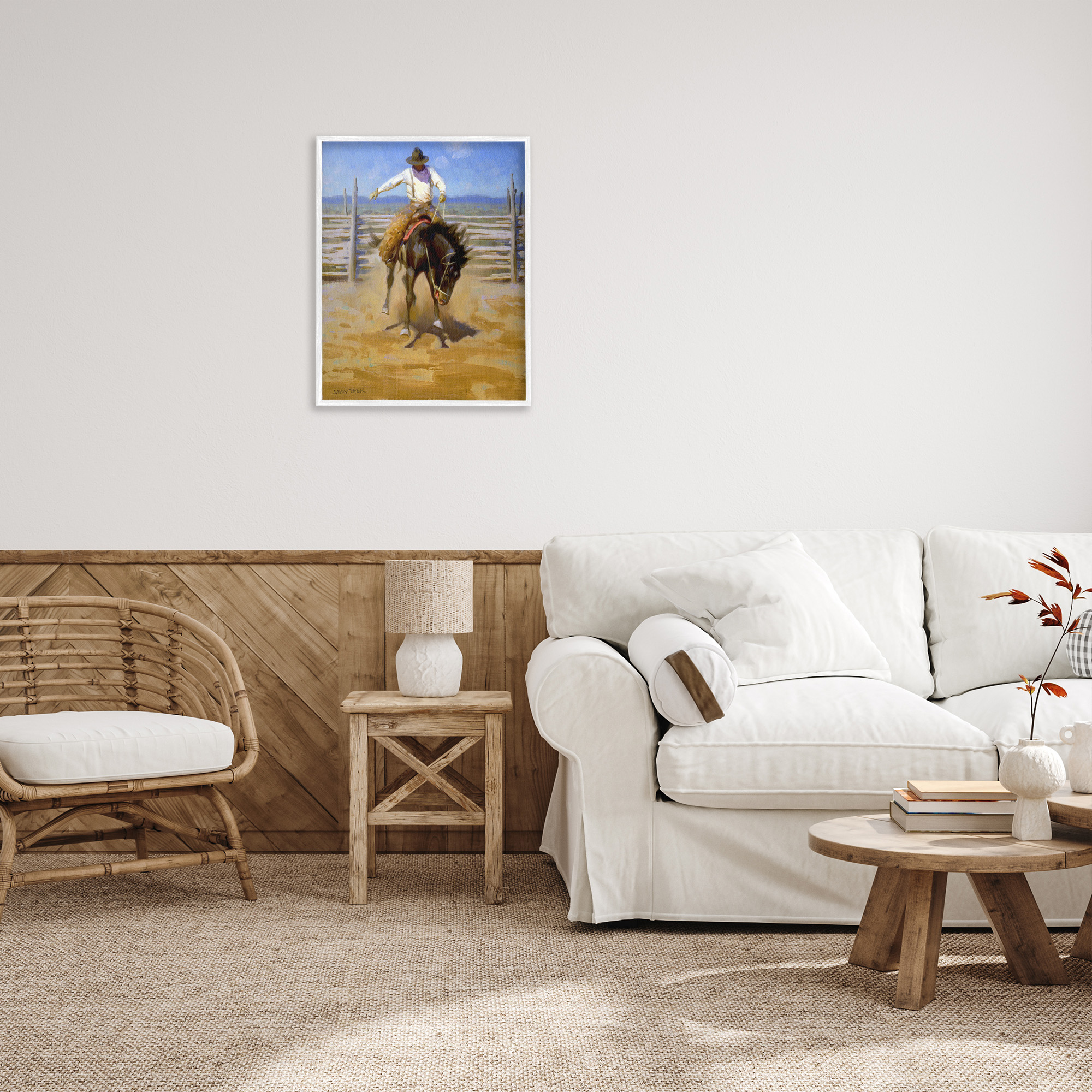 Stupell Industries Cowboy on Farm Landscape Painting White Framed Art Print Wall Art, 24 x 30