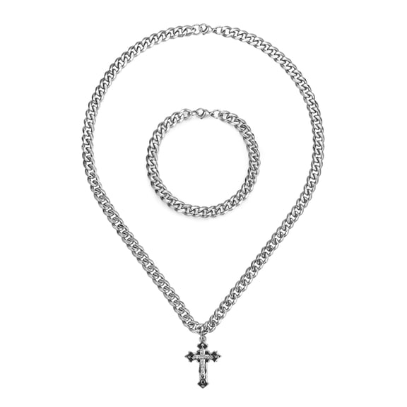 Jewmon Cuban Link Chain Necklace and Bracelet Set Mens Cross Pendant Jewelry Valentines Day Gifts for Him Boyfriend Husband