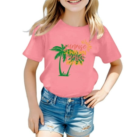 

Hbdhejl Toddler Boys Girls Shirts Kids Tee Summer Coconut Tree Sunset Beach Top Hawaii Vacation Short Sleeve Tropical Shirts Teen Girl Pink 12-24 Months