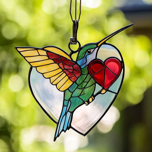 Stained Glass Window Hanging Hummingbird 20Cm Window Décor with Chain for Home