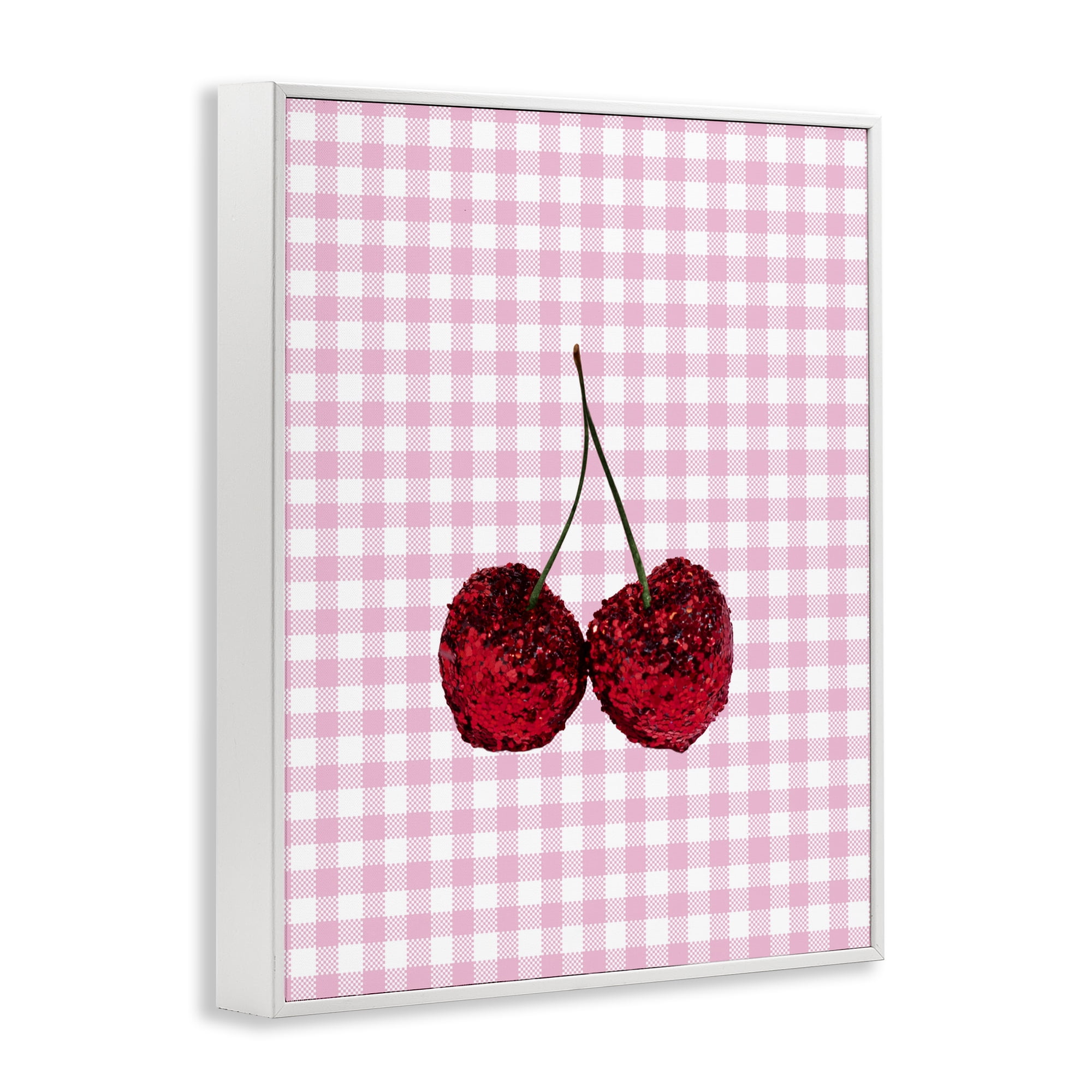 Stupell Industries Glitter Cherry on Pink Gingham White Framed Giclee Art, design by LISH Creative