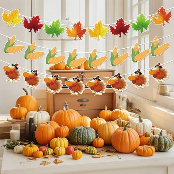 Thanksgiving Party Decorations | Fall Pumpkin Turkey Pull Flags Banners | 8pcs Multicolor Paper Garland | Festive Corn Maple Leaf Motif | Easy Hanging for Home Table Wall