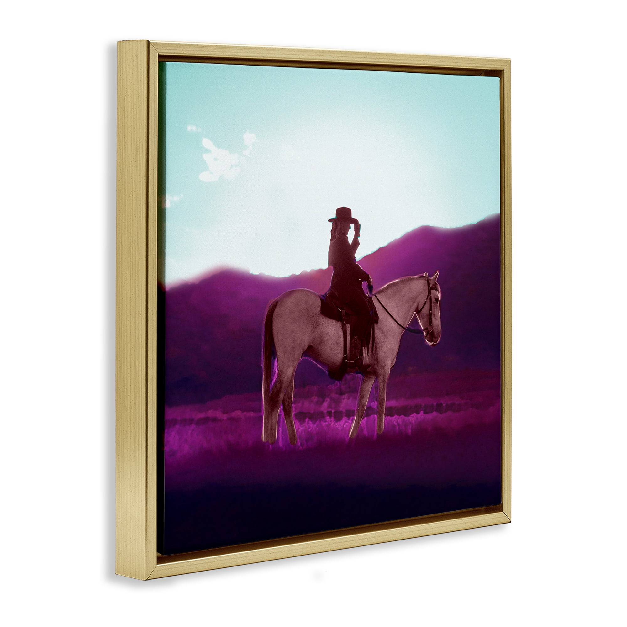 Stupell Industries Cowgirl & Purple Mountains Animals & Insects Painting Gold Floater Framed Canvas Art Print Wall Art, 18 x 18