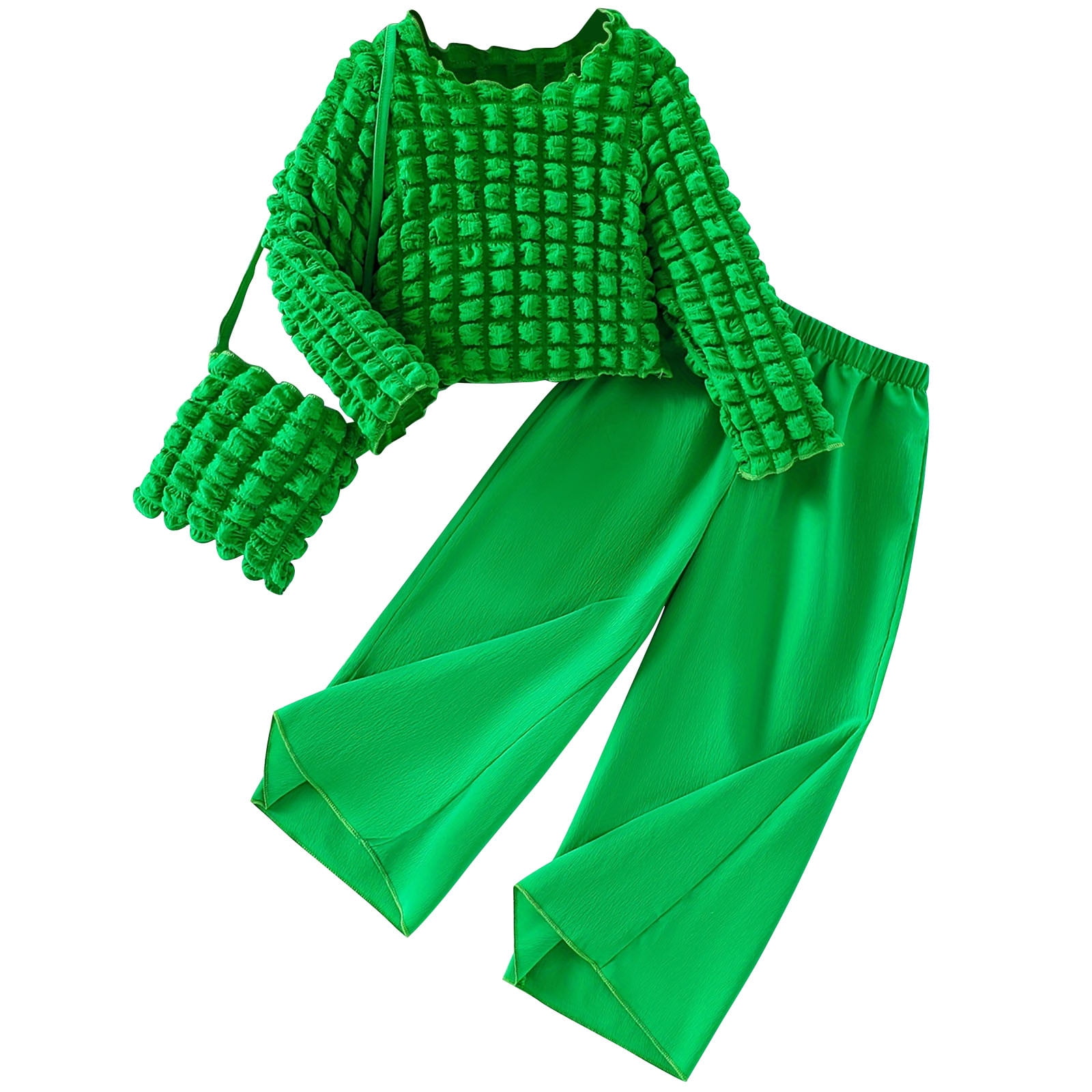 ATOGUTA Toddler Baby Girl Spring Clothes Size 3T-10 Long Sleeve Shirts with Wide Leg Pants 3 Piece Outfits Green
