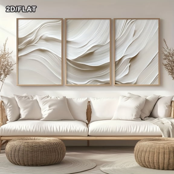 2D Flat, 2D/FLAT 3pcs Neutral Beige Soft Tones Minimalist Wall Art, Beige White Wave Abstract Prints, Brush Strokes Posters, Modern Wall Decor, Canvas Art for Living Room, Bedroom, Kitchen, Office,