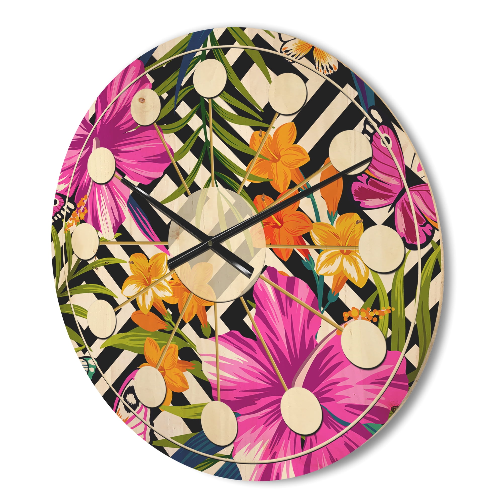 Designart 'Tropical Geometrics and Foliage' Mid-Century Modern Wood Wall Clock