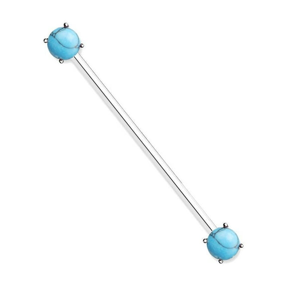 MoBody 14G Round Turquoise Prong Set Ends Industrial Barbell Earring Surgical Steel 38mm Ear Cartilage Piercing Bar (Silver-Tone)