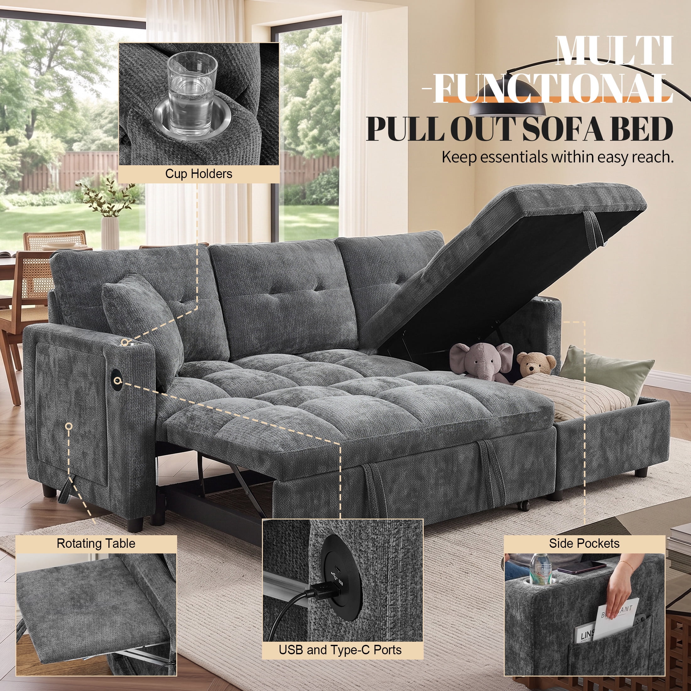 Aukfa 81" L Shape Sleeper Sectional Sofa Bed, Chenille Convertible Couch with Storage Chaise, Side Table & USB/Type-C Ports,Gray