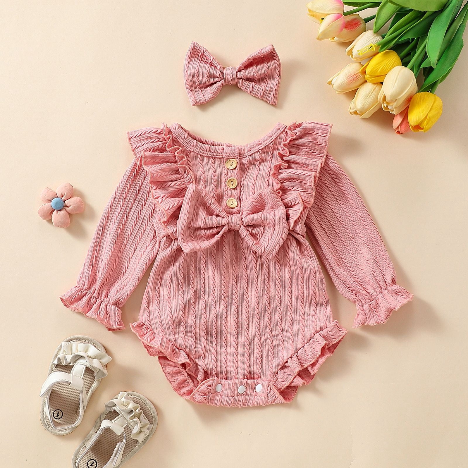 SGMVNU 2-pack Baby Girls Clothes Ruffle Bowknot Bodysuits with Bow Hairband Long Sleeve Button Romper Jumpsuits Infant Outfits Age 6-9 Months, Set A
