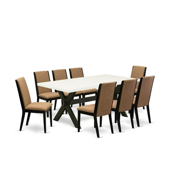 East West Furniture X627LA147-9 9-Piece Modern kitchen table set an Excellent Linen White Kitchen Table Top and 8 Excellent Linen Fabric Dining Chairs with Stylish Chair Back, Wire Brushed Black...