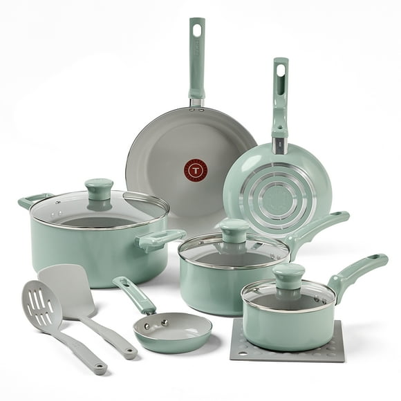 T-Fal Refresh Ceramic Nonstick Cookware Set, Oven Safe Up to 350ºF, 12-Piece, Includes Stockpot, Griddle, Frying Pans, Utensils, Ceramic Pots and Pans Set, Mint Green