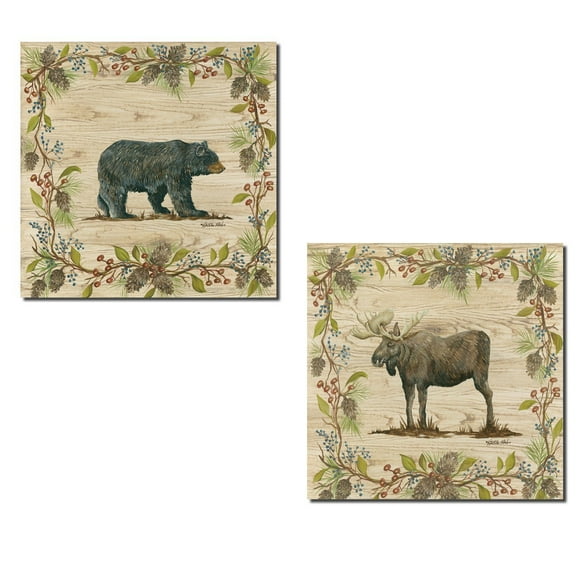 Rustic Pine Cone and Berry Bordered Moose and Bear Set; Cabin Lodge Decor; Two 12x12in Unframed Poster Print (Printed on Paper not Wood)